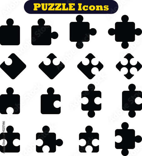 Puzzle pieces icons set in different shapes. Puzzles game piece collection in different style. Jigsaw, idea, solution etc. Teamwork Icon Set.
