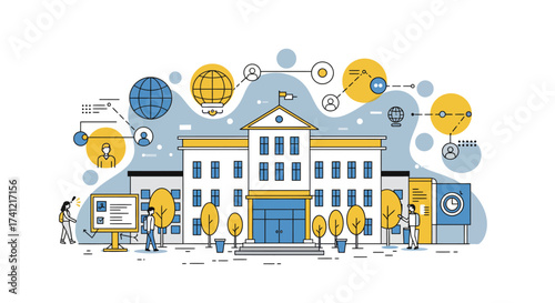 Educational institution in linear design with network and global icons