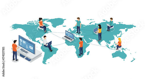 Global remote work connections across continents in isometric style