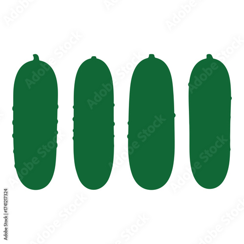 Four vertical green cucumbers arranged side-by-side simple clean food icon silhouette