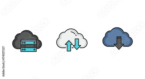 Cloud storage and data transfer icons in simple color design