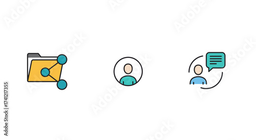 Simple icons for file sharing, user profile, and communication in flat style