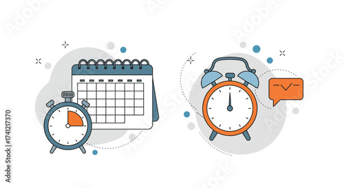 Time management tools: calendar and alarm clock in modern flat design