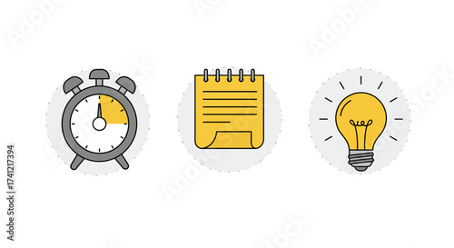 Time management concepts featuring alarm clock, notepad, and light bulb icons
