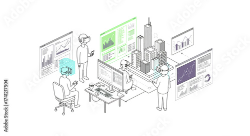 Futuristic workspace with virtual reality and digital cityscape in linear style