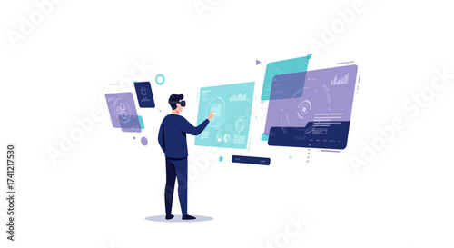 Futuristic virtual reality interface with person interacting in a digital space