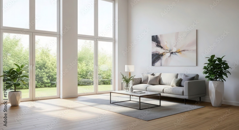 Fototapeta premium interior, minimalist living room, large windows, natural light, wooden floors, potted plants, modern furniture, abstract art on the wall, scandinavian design, 4k, photorealistic 
