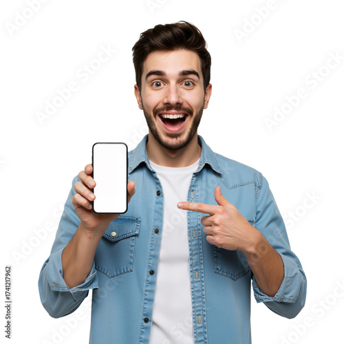 Man Holding Smartphone and Pointing – Friendly, Engaging Tech Presentation on White

