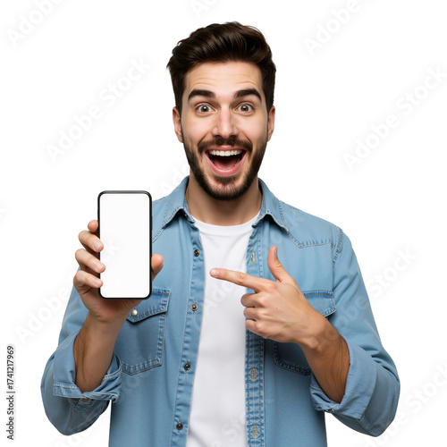 Man Holding Smartphone and Pointing – Friendly, Engaging Tech Presentation on White

