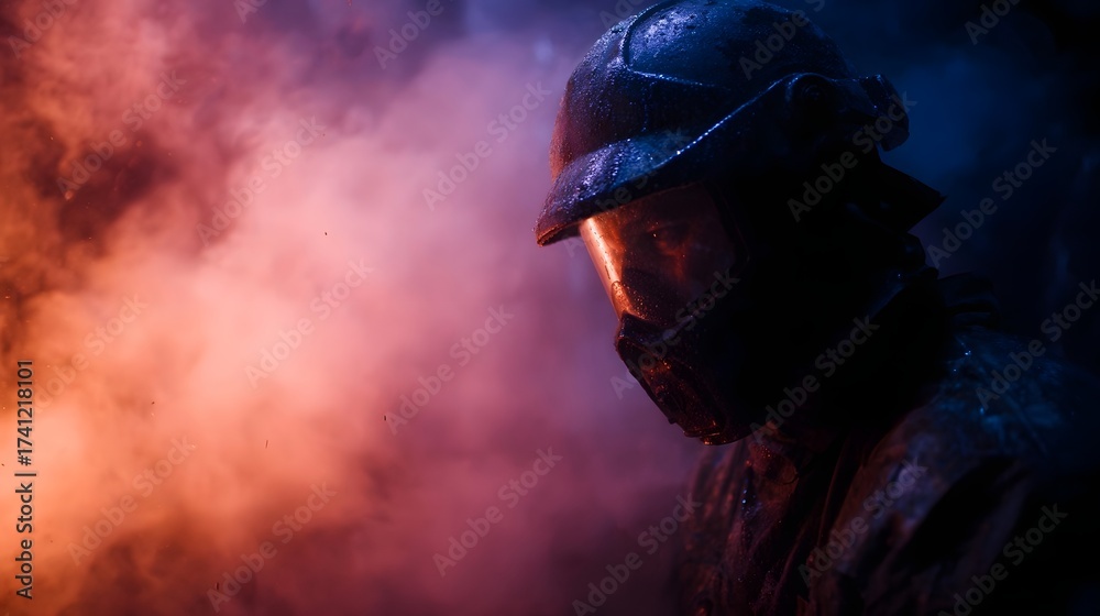 Obraz premium Industrial worker in protective gear enveloped in dramatic red and blue smoke