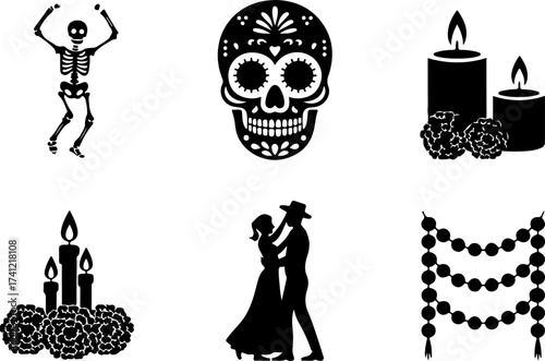 silhouette bundle of Skeleton dancer, Sugar skull, Marigold bunch, Candle set, Parade couple, Garland row 