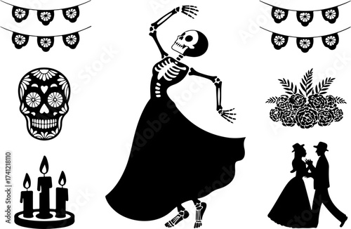 silhouette bundle of Skeleton dancer, Sugar skull, Marigold bunch, Candle set, Parade couple, Garland row 