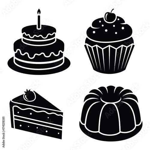 Delicious sweet desserts collection silhouette featuring cake cupcake slice and bundt cake for celebration and baking themes silhouette