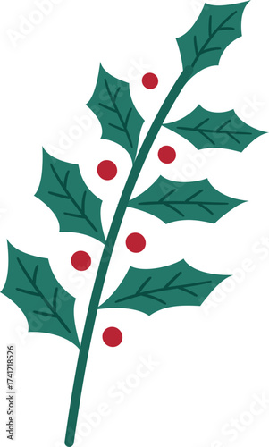 Holly branch with berries flat stock vector illustration. 
Christmas Holly Leaves and Berries clipart Isolated.
Transparent background. svg.