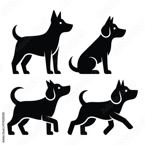 Four silhouette dog poses showcasing canine companionship and animal diversity in black and white silhouette