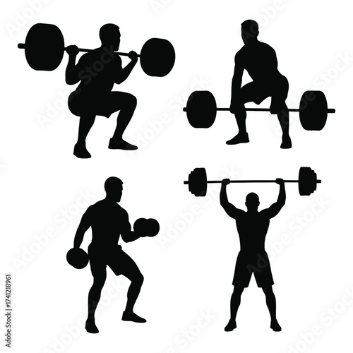Fitness silhouettes depicting weightlifting deadlifts squats overhead press and bicep curls exercise routine silhouette