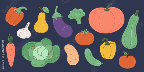 Set of autumn vegetables in flat style with partial outline. Collection on a dark background. Autumn and harvest concept. Vector illustration.