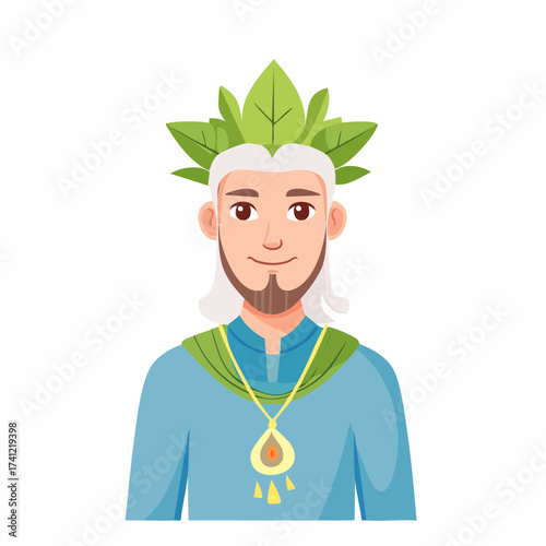 Tribal man with leaf crown and pendant with transparent background