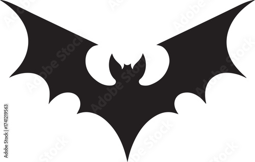 A stark black silhouette of a bat with its wings spread wide, creating a dramatic and iconic shape.