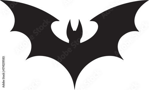 A stark black silhouette of a bat with its wings spread wide, creating a dramatic and iconic shape.