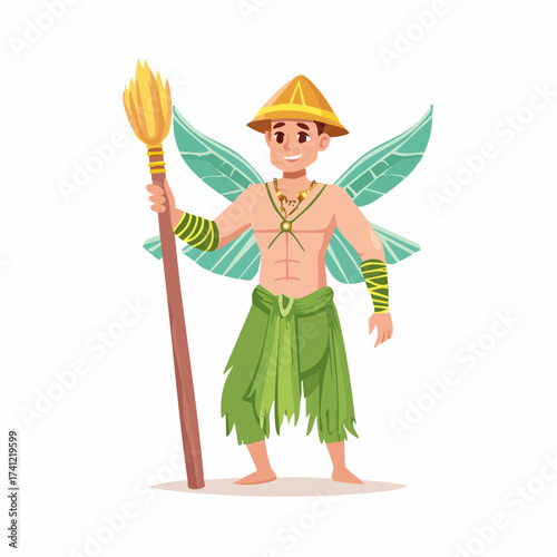 Fantasy fairy character with staff and wings