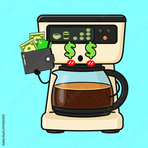 Coffee maker character holding wallet, dollar eyes