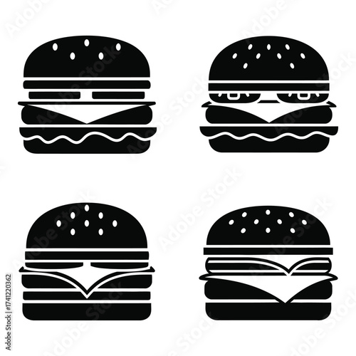 Four stylized hamburger icons showing different toppings and cheese layers silhouette