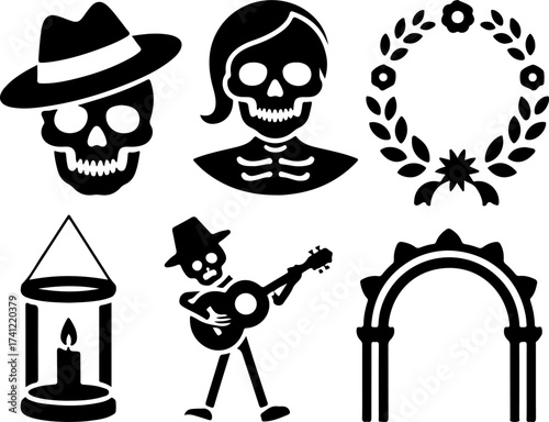 silhouette bundle of Skull with hat, Skeleton woman, Floral wreath, Candle lantern, Parade musician, and Decorative arch