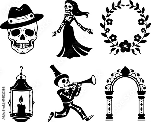 silhouette bundle of Skull with hat, Skeleton woman, Floral wreath, Candle lantern, Parade musician, and Decorative arch