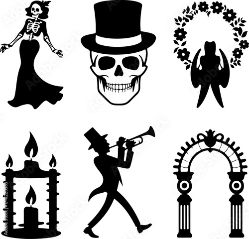silhouette bundle of Skull with hat, Skeleton woman, Floral wreath, Candle lantern, Parade musician, and Decorative arch