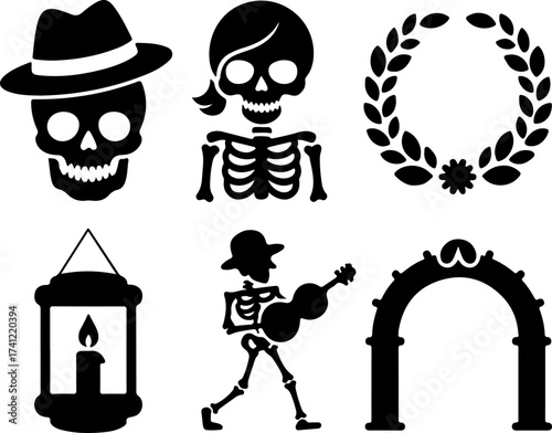 silhouette bundle of Skull with hat, Skeleton woman, Floral wreath, Candle lantern, Parade musician, and Decorative arch