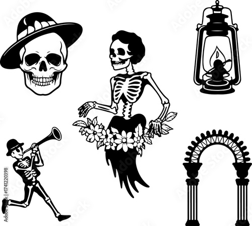 silhouette bundle of Skull with hat, Skeleton woman, Floral wreath, Candle lantern, Parade musician, and Decorative arch