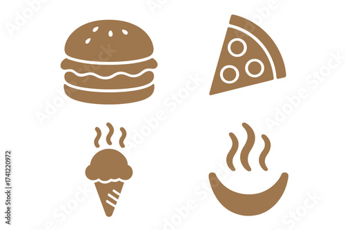 Fast food icon collection. Vector set of isolated symbols for restaurant menu. Burger, pizza slice, ice cream cone and hot meal signs. Yummy food logo design elements.
