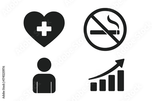 No smoking quit nicotine vector icon set. Health benefits of stopping cigarettes. Heart care symbol. Personal growth statistics chart. Public health infographic element isolated.