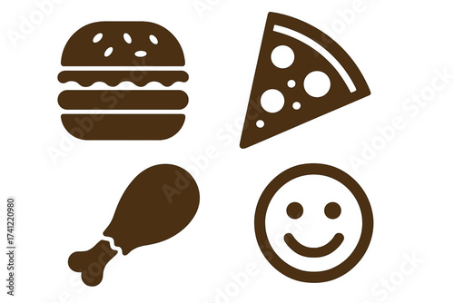 Fast food icon set. Burger, pizza slice, and chicken leg collection. Yummy meal and happy customer satisfaction emoji. Simple flat vector logo for restaurant menu or delivery.