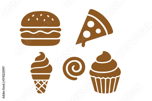 Fast food icon set. Burger, pizza slice, ice cream cone, cupcake and cinnamon roll symbols. Yummy junk food and dessert collection for restaurant menu or logo design.