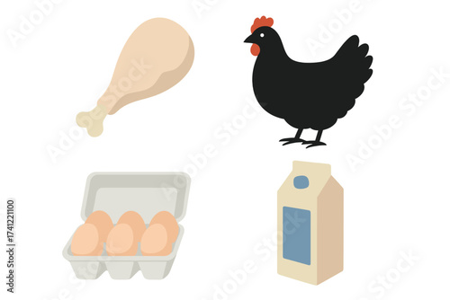Farm fresh food icon set. Vector illustration of poultry and dairy products. Includes hen, chicken leg, eggs in carton, and milk. Grocery shopping and healthy eating concept.