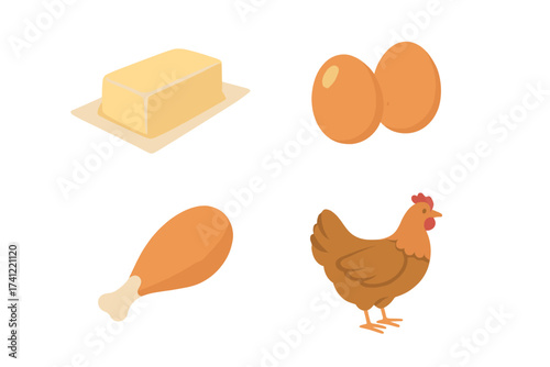 Chicken and farm products icon set. Vector collection with poultry, fresh brown eggs, butter, and fried chicken leg. Isolated food illustration for grocery or market.