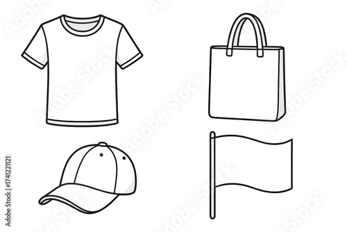 Promotional merchandise vector set for branding and advertising. Includes T-shirt, tote bag, baseball cap, and flag. Blank apparel and textile mockups for logo design.