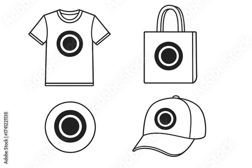 Promotional merchandise vector line icon set. T-shirt, tote bag, and baseball cap with corporate logo. Branding identity template for business, apparel, and textile products.