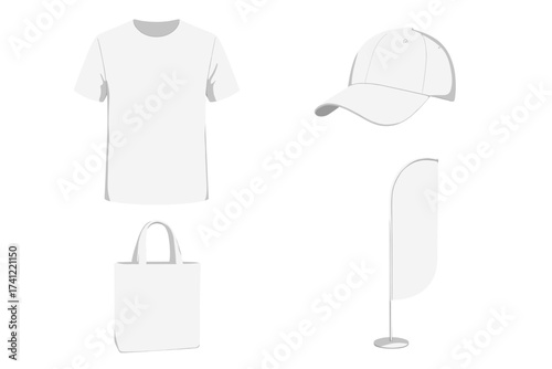 Promotional merchandise vector mockup set. Realistic blank white t-shirt, baseball cap, canvas tote bag, and feather flag. Isolated 3D templates for corporate identity.