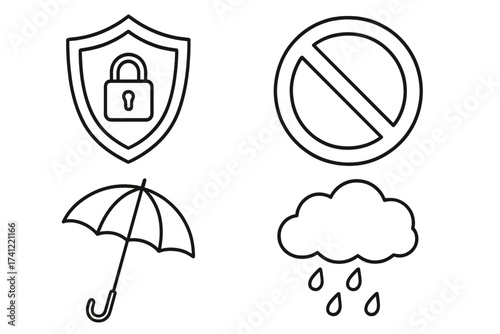 Protection and security line icon set. Vector symbols for safety, prohibition, and weather. Shield with lock, forbidden sign, umbrella, and rain cloud. Isolated outline pictograms.