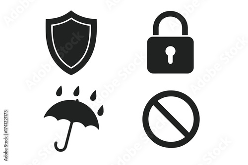 Set of protection and security icons. Shield for defense, padlock for privacy, waterproof umbrella, and prohibition sign symbols. Vector graphic elements for safety and warning concepts.