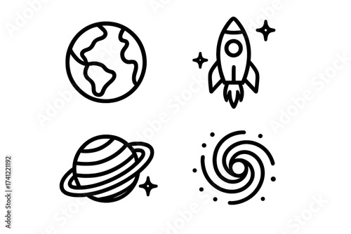 Space icon set. Galaxy, planet Earth, Saturn, and rocket ship collection. Astronomy and cosmos exploration symbols. Outline vector graphics for science and technology design.