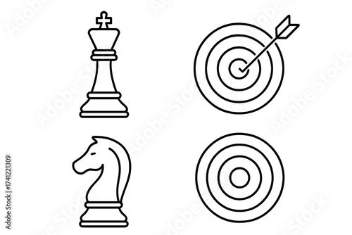 Business strategy and goal achievement vector icon set. Chess king and knight for tactics, competition, and leadership. Target with arrow for marketing success and objectives.