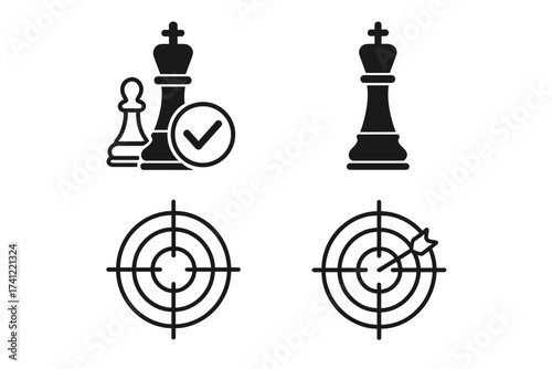 Vector icon set for business strategy and success. Chess pieces, checkmate, and target with arrow in bullseye. Goal achievement, victory, and precision concept illustration.
