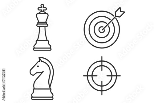 Vector icon set for business strategy and goals. Thin line icons of chess king, knight for checkmate, target with arrow for success, and crosshair for aim and objective.