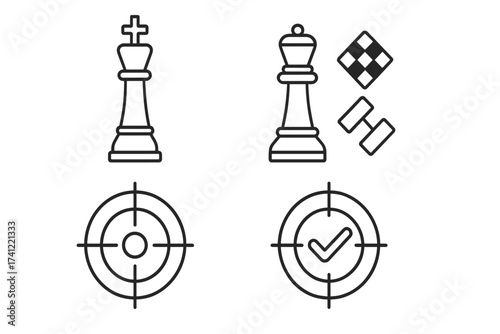 Business strategy and success vector line icon set. Chess king and queen for leadership, competition. Target with checkmark for goal achievement. Metaphor for victory, checkmate.