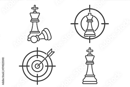 Business strategy line icon set. Checkmate and victory concept. Chess king in target for targeting competition. Arrow in bullseye for goal achievement, success and winning.