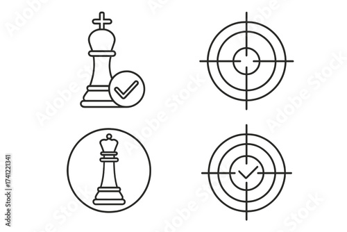 Chess strategy icons for business success. Vector line set with king, queen, target, and checkmark. Concept for goal achievement, checkmate, victory, and approved objectives.